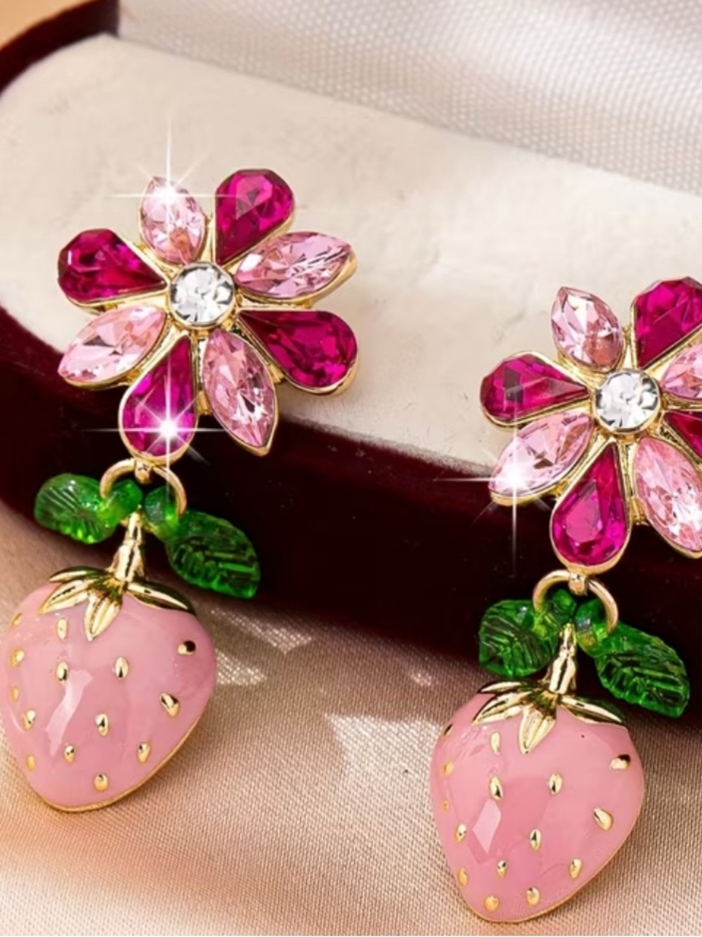 Pink & Green Strawberry Flower Drop Earrings Golden Plated NWT